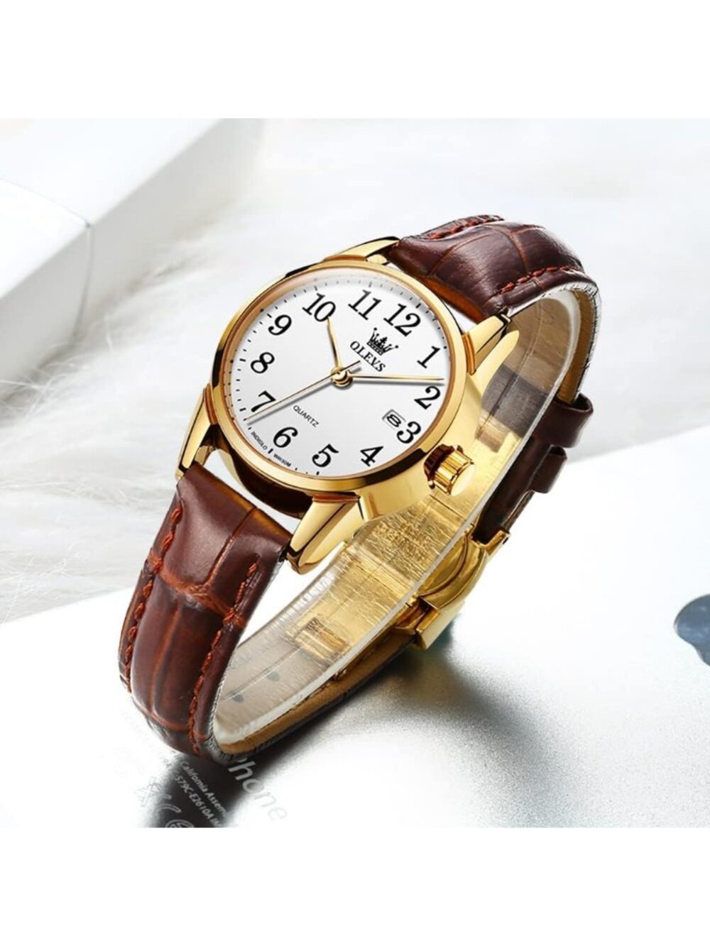 Olevs Women's White Brown Leather Analog Waterproof Reloj Mujer Luxury Watch - Picture 3 of 6